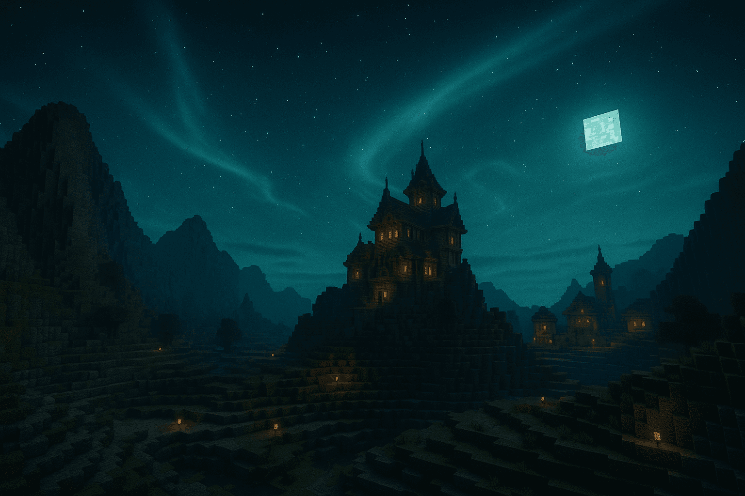 A moody block-built landscape representing the CraftVerse concept
